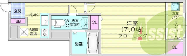 1K、システムキッチン、洗髪洗面洗面台
