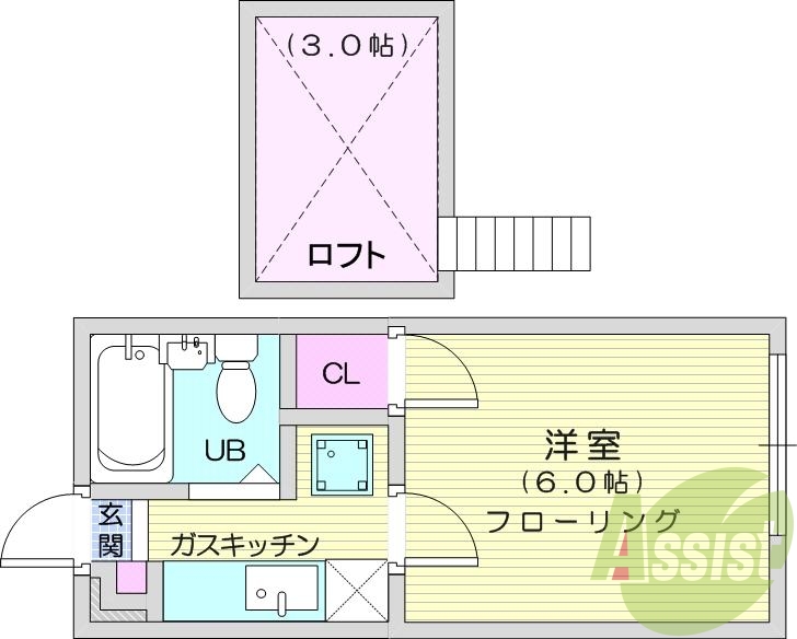 1K、エアコン、光ファイバー、室内洗濯機置場、ロフト、収納