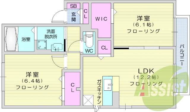 2LDK、BSアンテナ、カードキー、バストイレ別、角部屋