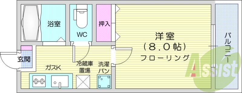 1K、モニター付きインターホン、バストイレ別、室内洗濯機置場