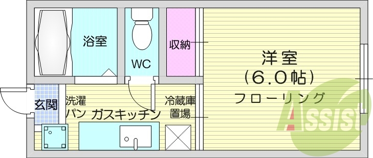 1K、エアコン、バス・トイレ別、室内洗濯機置場