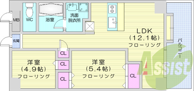 2LDK、システムキッチン、照明器具、カーテン