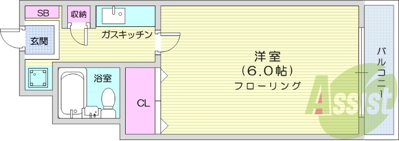 1K、エアコン、バストイレ同室、クローゼット
