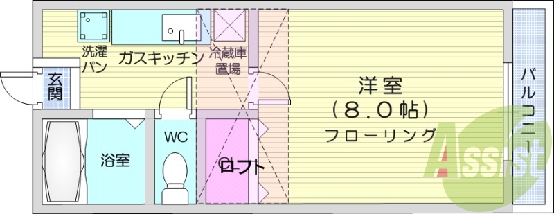 １K、給湯、エアコン、バルコニー、BS、シューズボックス