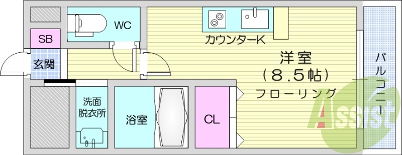 ワンルーム、南向き、洋室8.5帖、インターネット使用料無料