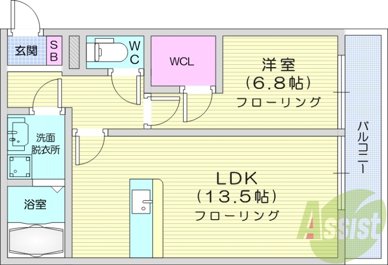 1LDK、南向き開口部、エアコン2基付、システムキッチン付き