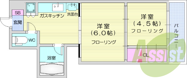 2ＤＫ、洗髪洗面化粧台、都市ガス、バストイレ別
