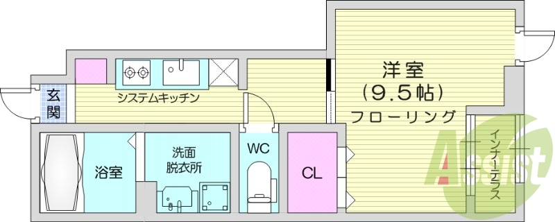 1K、システムキッチン、エアコン、独立洗面台