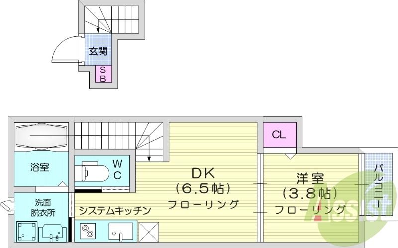 1DK、バストイレ別、追い炊き機能、バルコニー付き