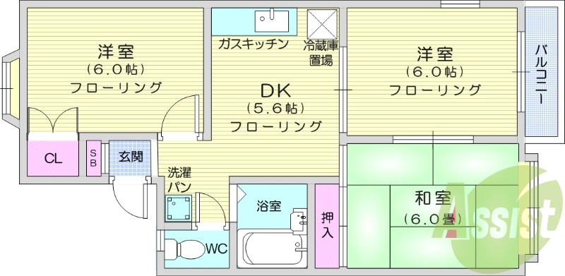 3DK、バストイレ別、追い焚き機能、室内洗濯機置場、エアコン