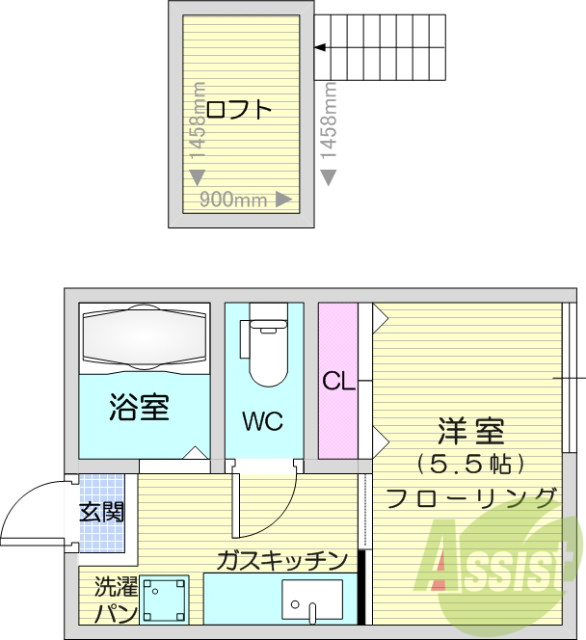 1K、キッチン、フローリング、ロフト、バストイレ別