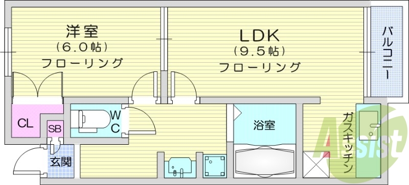 1LDK、バストイレ別、エアコン、インターホン