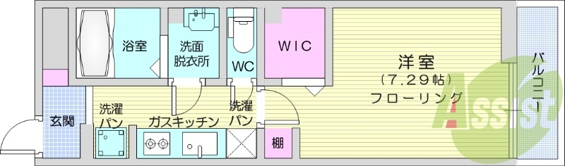 1K、浴室乾燥機、システムキッチン、ウォークインクローゼット