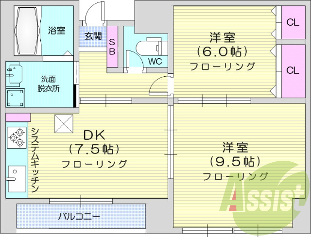 2DK、バストイレ別、追い焚き機能、浴室乾燥、