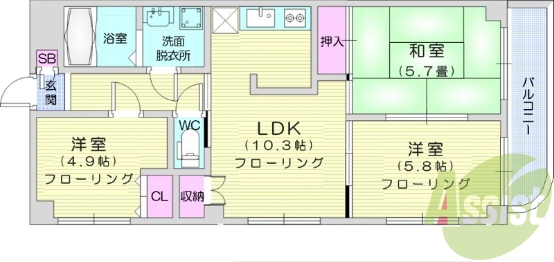 3LDK、ペット可、モニター付きインターホン、独立洗面