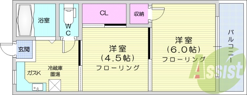 2K、バルコニー、クローゼット、ガスキッチン