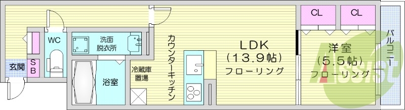 1LDK、浴室乾燥機、オートロック、カウンターキッチン