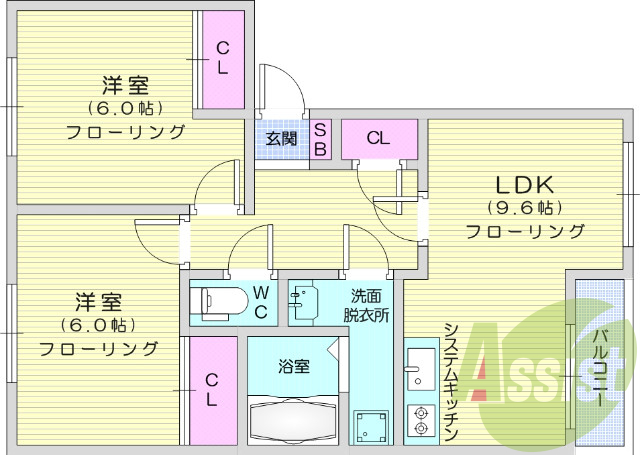 2LDK、フローリング、システムキッチン、BS、追い焚き給湯