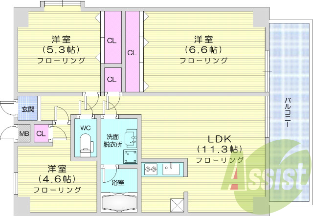 3LDK、システムキッチン、照明器具、カーテン