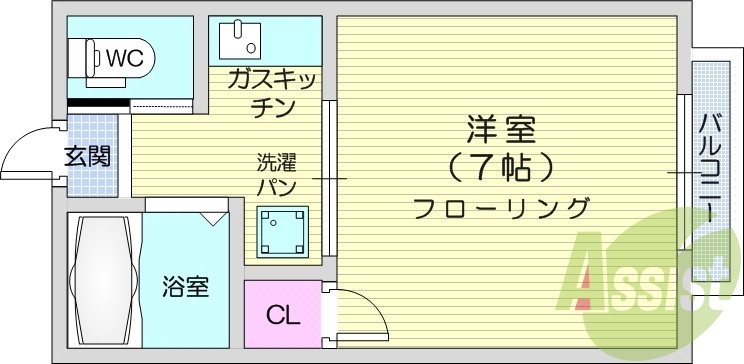 1Ｋ、フローリング、バストイレ別、バルコニー