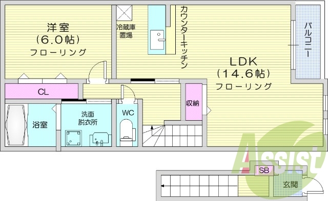 1LDK、エアコン2基、浴室乾燥、カウンターキッチン