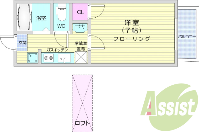 1Ｋ　陽当たり良好　バストイレ別　バルコニー　ロフト