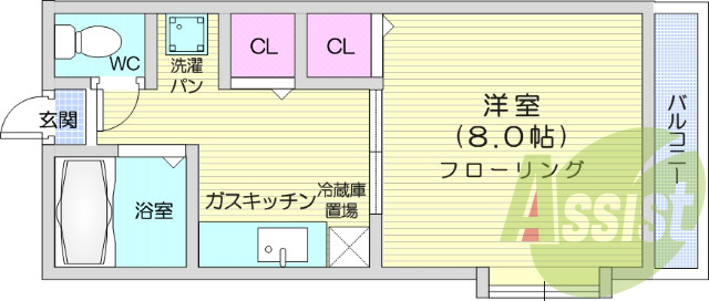 1K、エアコン、バストイレ別、室内洗濯機置場
