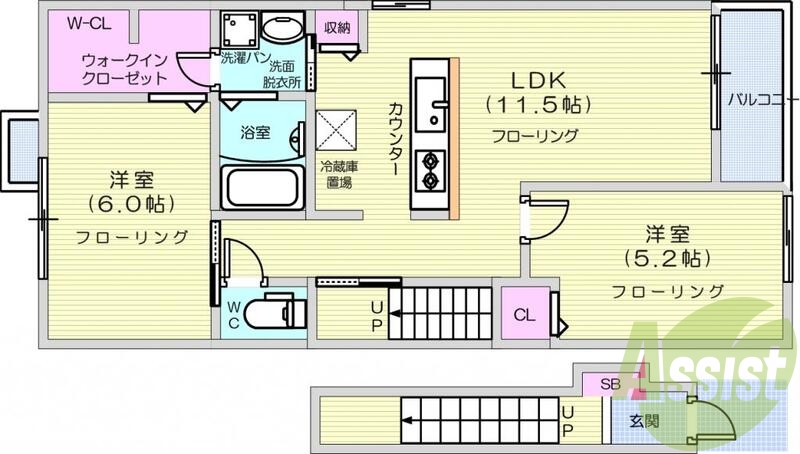 2LDK、バストイレ別、エアコン、フローリング、インターホン