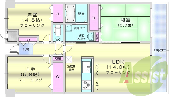 3LDK、カウンターキッチン、ガスコンロ付き、オートロック
