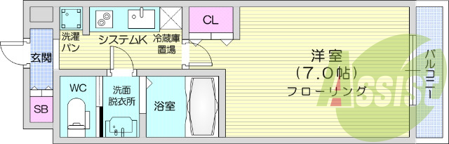 1LDK、エアコン、バストイレ別、インターネット無料