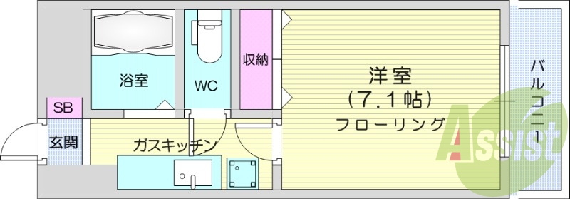 1K、フローリング、エアコン、バルコニー。