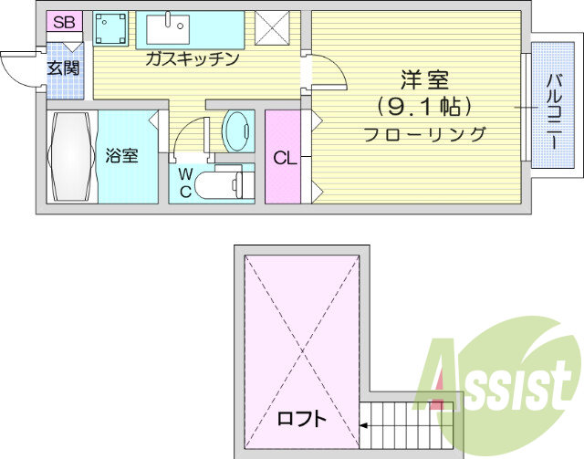 1K、バス・トイレ別、BSアンテナ、インターホン（モニタ付）