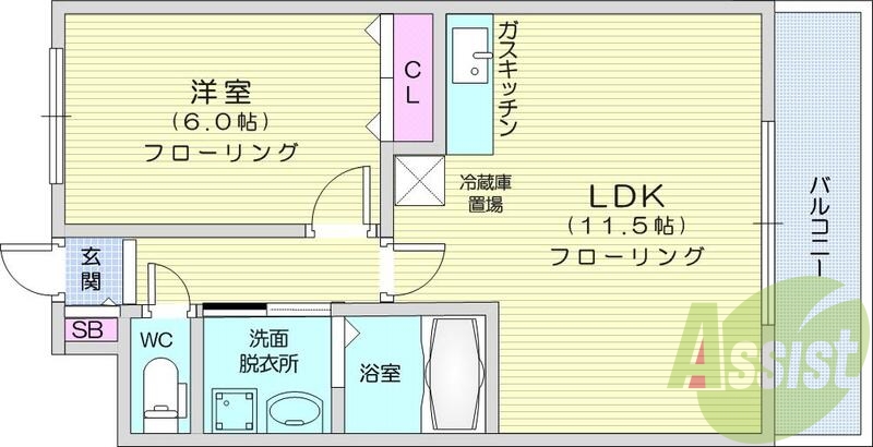 1LDK、エアコン、室内洗濯機置場、トイレ浴室別。