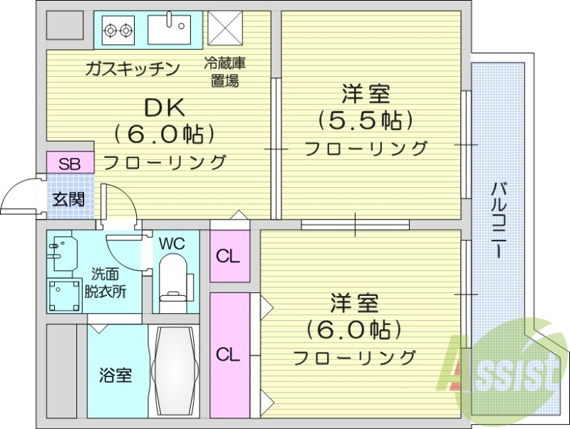 2DK、独立洗面台、シューズボックス、システムキッチン