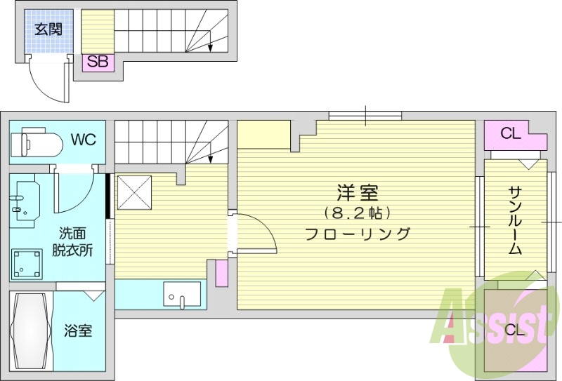 1K、ネット無料、浴室乾燥、サンルーム、エアコン、洗面化粧台