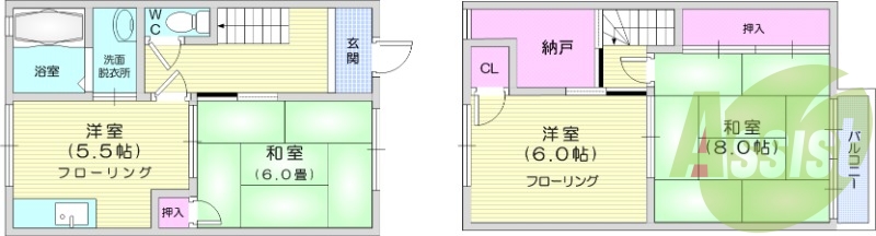 3SK、バス・トイレ別、温水洗浄便座、室内洗濯機置場