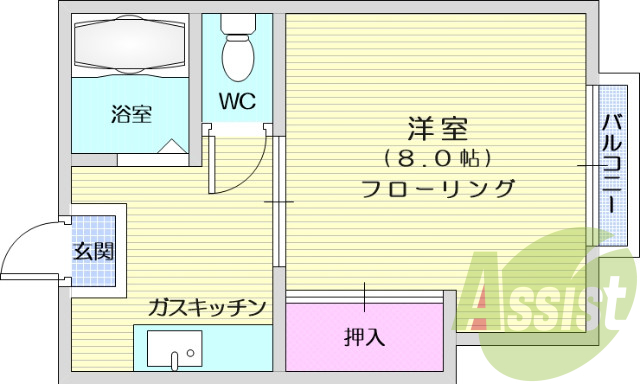 1K、フローリング、バストイレ別、押入れ、室内洗濯機置場