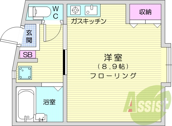 1K、バストイレ別、1口ガスコンロ、エアコン、温水洗浄便座