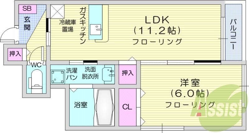1LDK、カウンターキッチン、バストイレ別、独立洗面化粧台