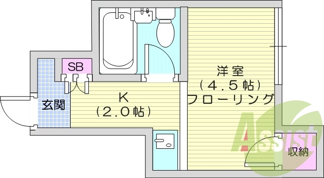 １K、バス・トイレ同室、エアコン、室内洗濯機置場