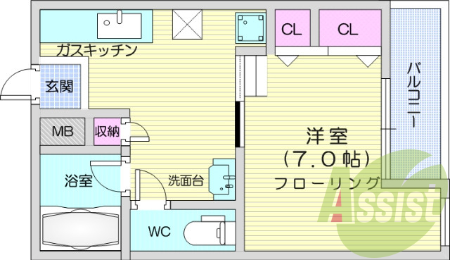 １K、給湯、エアコン、シャンプードレッサー、防水パン