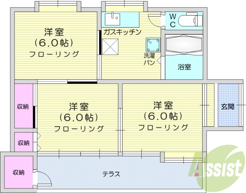 3K、フローリング、モニターホン、バストイレ別