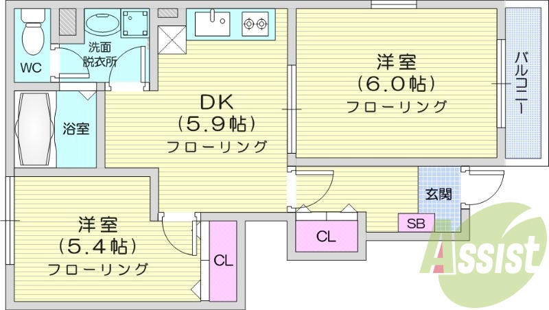 2DK、バス・トイレ別、温水洗浄付便座、室内洗濯機置場