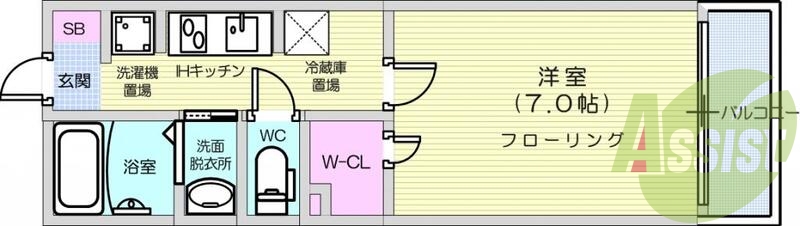 1K・IH２口キッチン・独立洗面台・室内洗濯機置き場