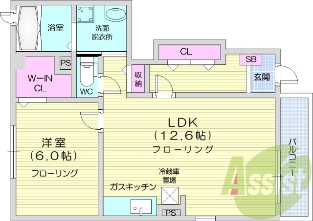 1LDK、バストイレ別、バルコニー、南東向き、浴室乾燥機