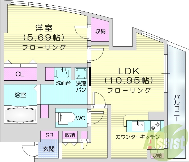 １LDK、角部屋、システムキッチン、バルコニー。