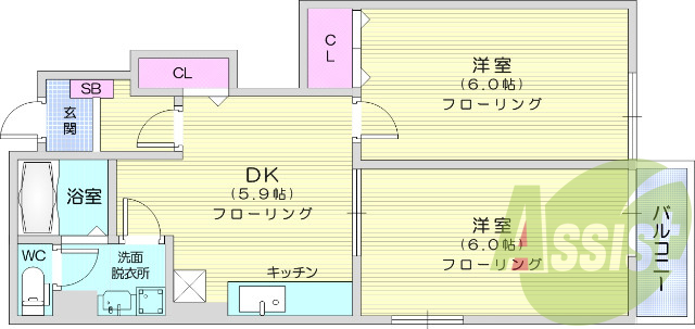 2DK、独立洗面台、モニター付きインターホン