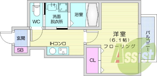 1K、バルコニー、クローゼット、バストイレ別