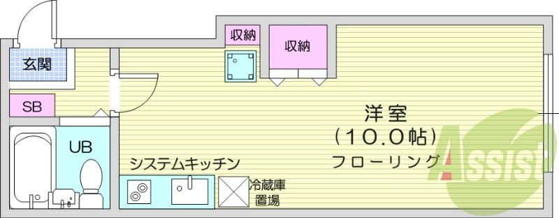 １R、システムキッチン、エアコン、室内洗濯機置き場