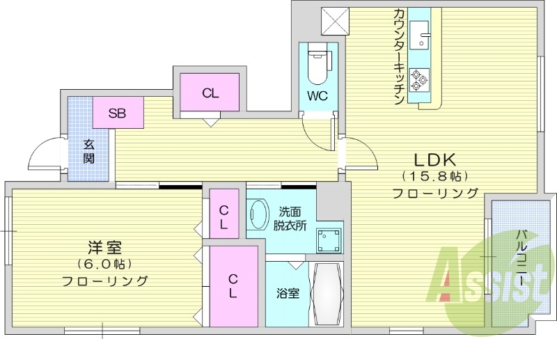 1LDK、フローリング、エアコン、クローゼット